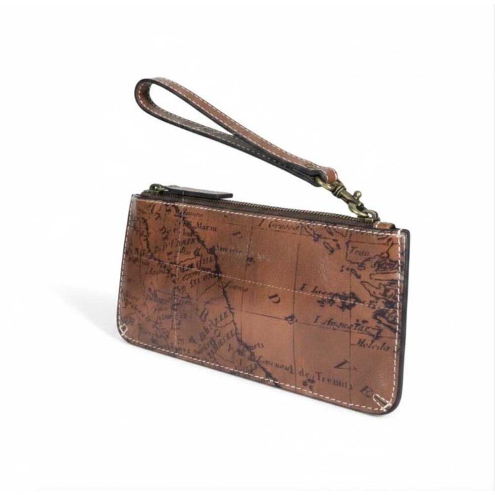 PATRICIA NASH St Croce Leather Wristlet Rust Riot Big Map Print Travel Work NWOT